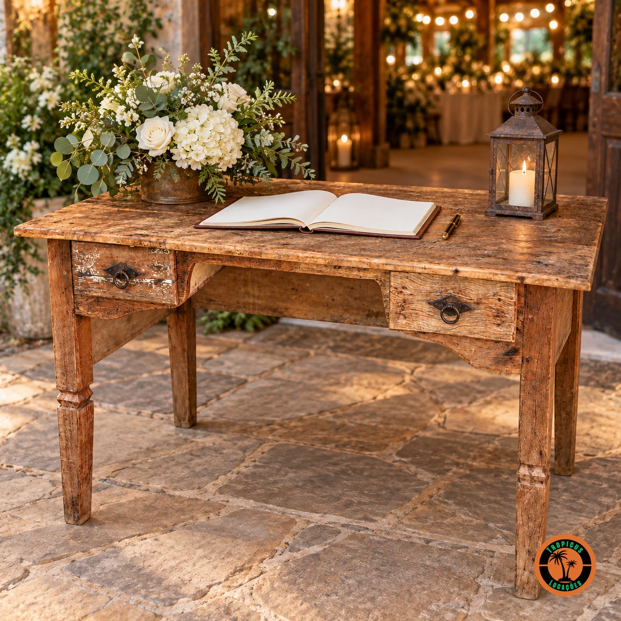 Mesa de Demolição com Duas Gavetas na entrada de um casamento, com livro de assinaturas, flores e lanterna