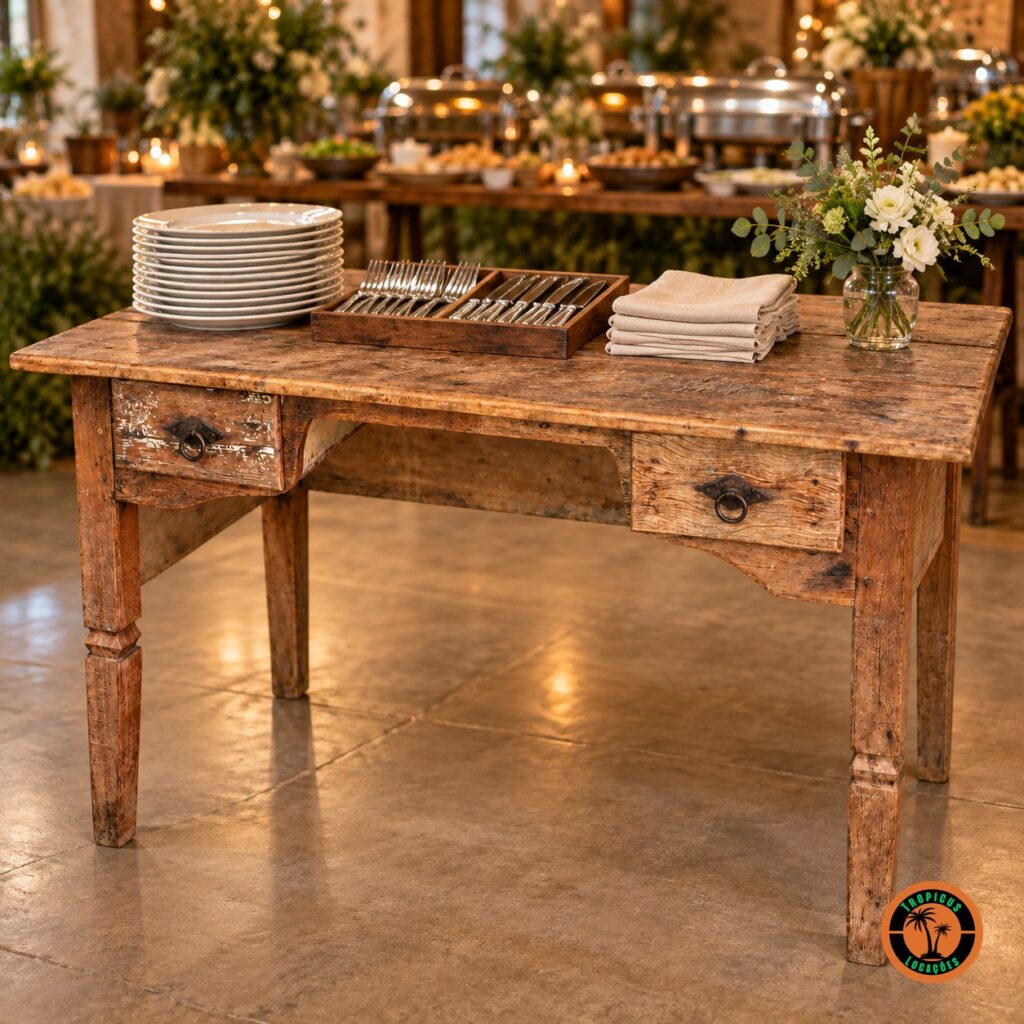 Mesa de Demolição com Duas Gavetas como apoio do buffet, com pratos, talheres e guardanapos de linho