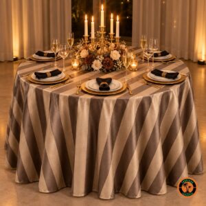 Mesa redonda com toalha em cetim listrado bege e marrom, candelabro dourado com velas e guardanapos pretos