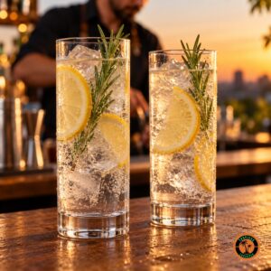 Dois Copos Long Drink com gin tônica, limão-siciliano e alecrim num balcão ao entardecer