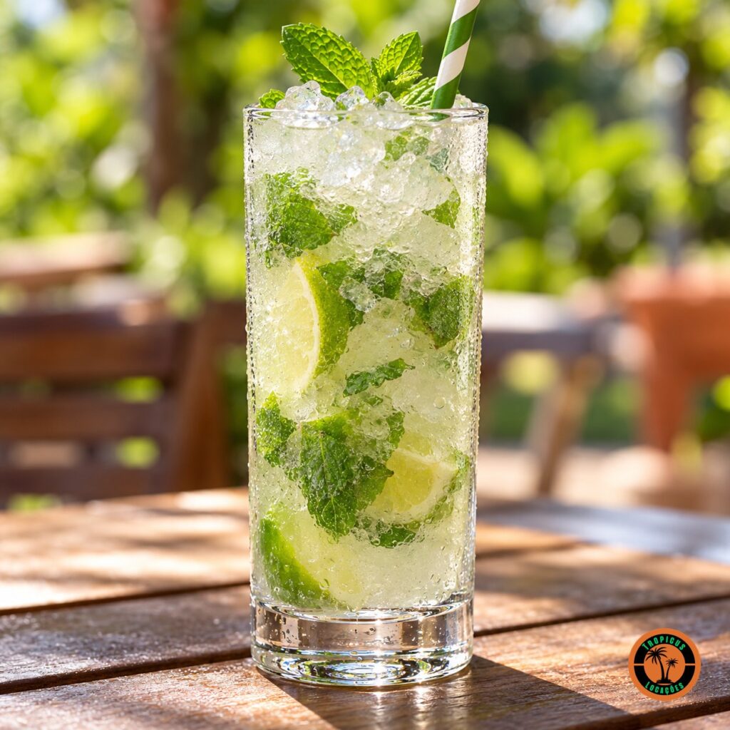 Copo Long Drink com mojito, hortelã, limão, gelo triturado e canudo numa mesa de jardim
