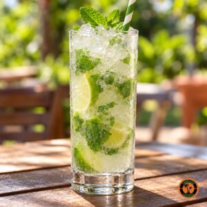 Copo Long Drink com mojito, hortelã, limão, gelo triturado e canudo numa mesa de jardim