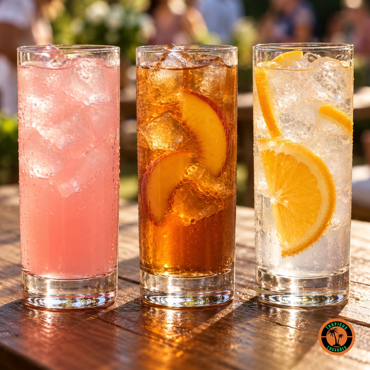 Três Copos Long Drink com limonada rosa, chá gelado de pêssego e água com laranja
