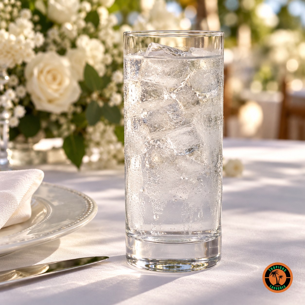 Copo Long Drink com água e gelo numa mesa posta de casamento com toalha branca