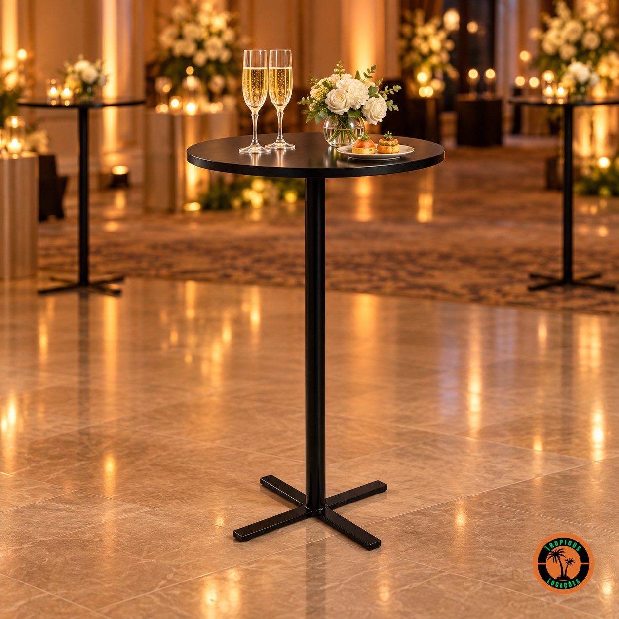 Mesa bistrô alta preta num salão elegante, com duas taças de espumante, canapés e vaso de rosas brancas