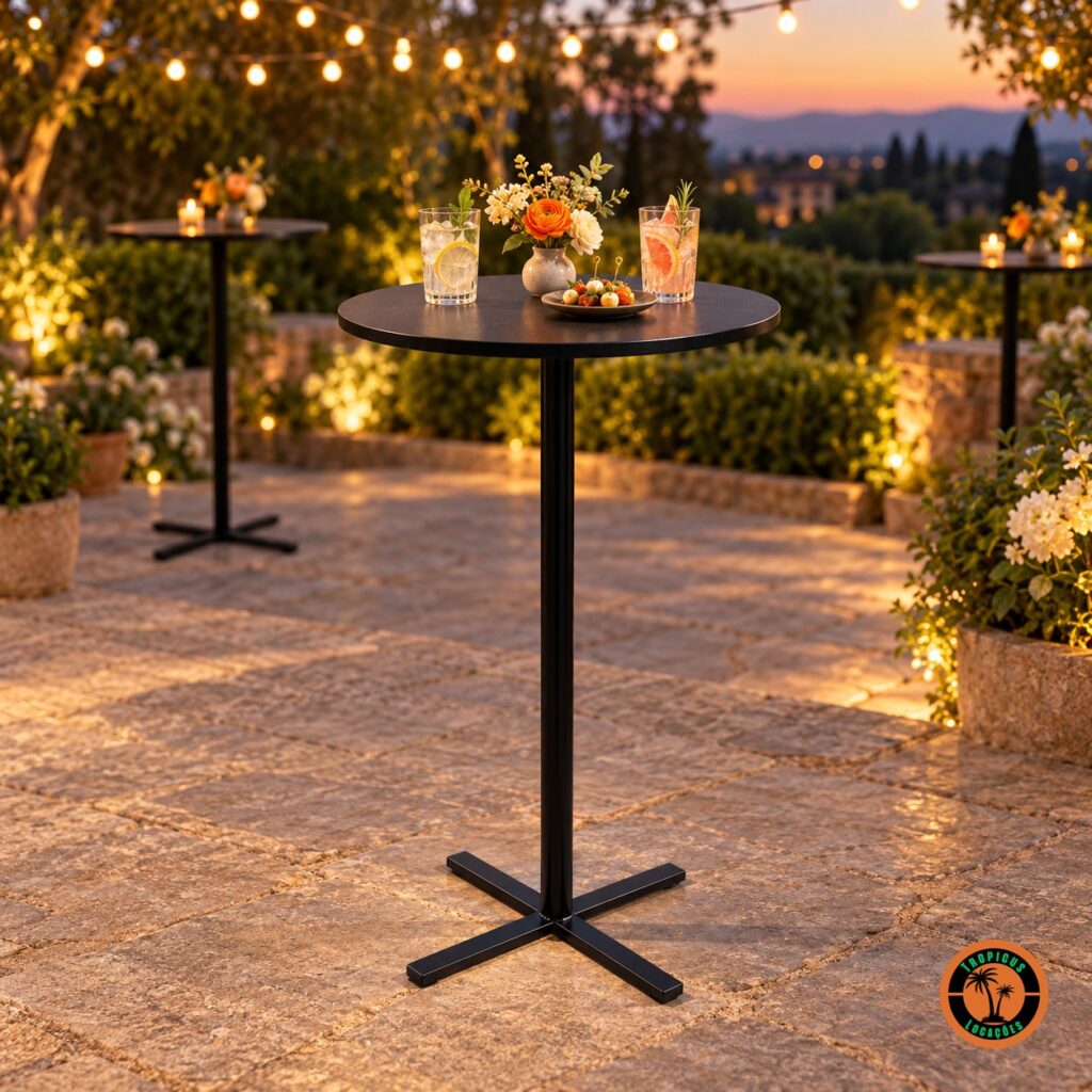 Mesa bistrô alta preta num terraço ao entardecer, com drinks, petiscos, flores e varal de luzes