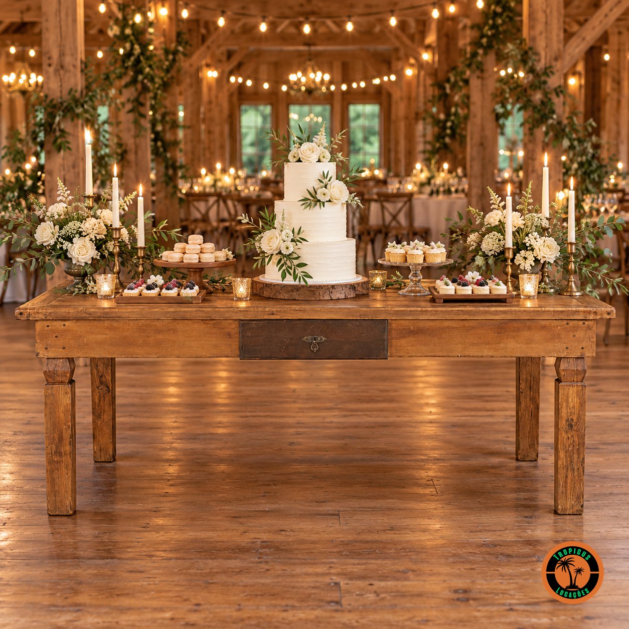 Mesa rústica como mesa de bolo num casamento rústico, com bolo branco de três andares, doces, velas e flores brancas