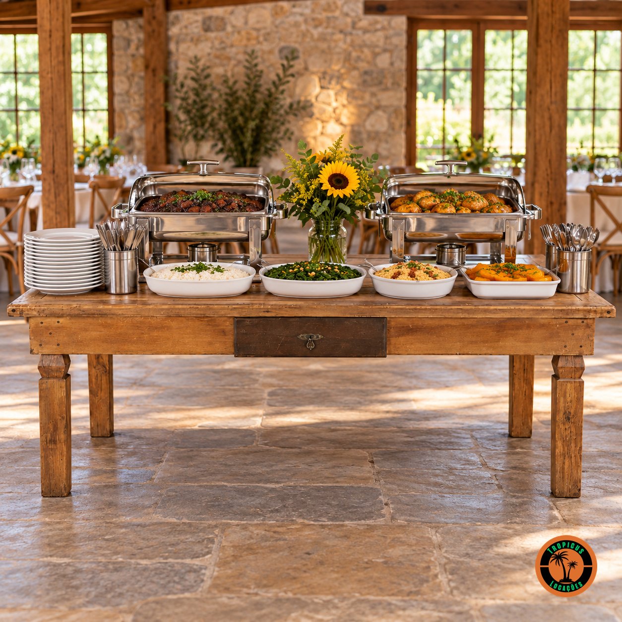 Mesa rústica como mesa de buffet num salão de fazenda, com rechauds de inox, travessas brancas e girassóis