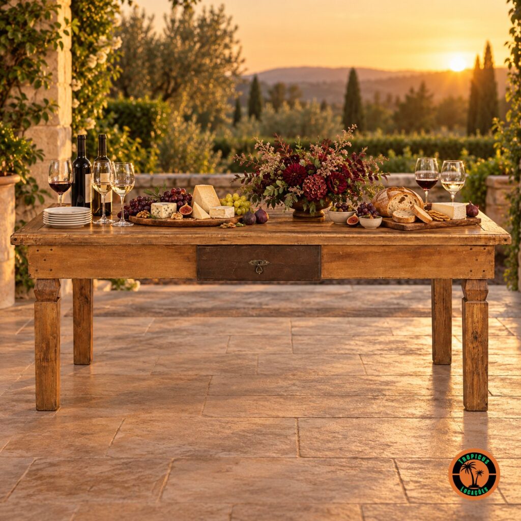 Mesa rústica numa varanda ao pôr do sol, com tábuas de queijos, uvas, figos, pães, vinhos e flores vinho