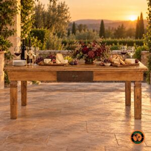 Mesa rústica numa varanda ao pôr do sol, com tábuas de queijos, uvas, figos, pães, vinhos e flores vinho