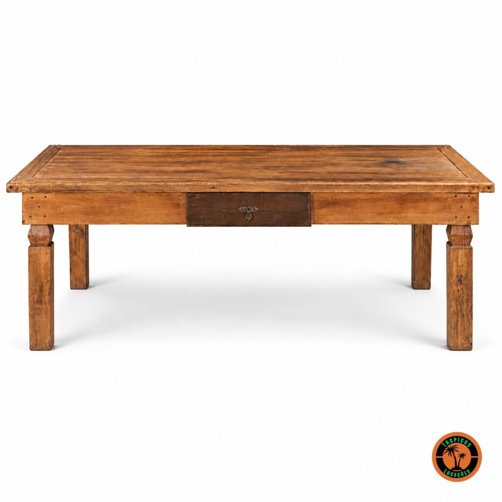 Mesa rústica de madeira de 2,20 x 0,80 m, com tampo emoldurado e gaveta central