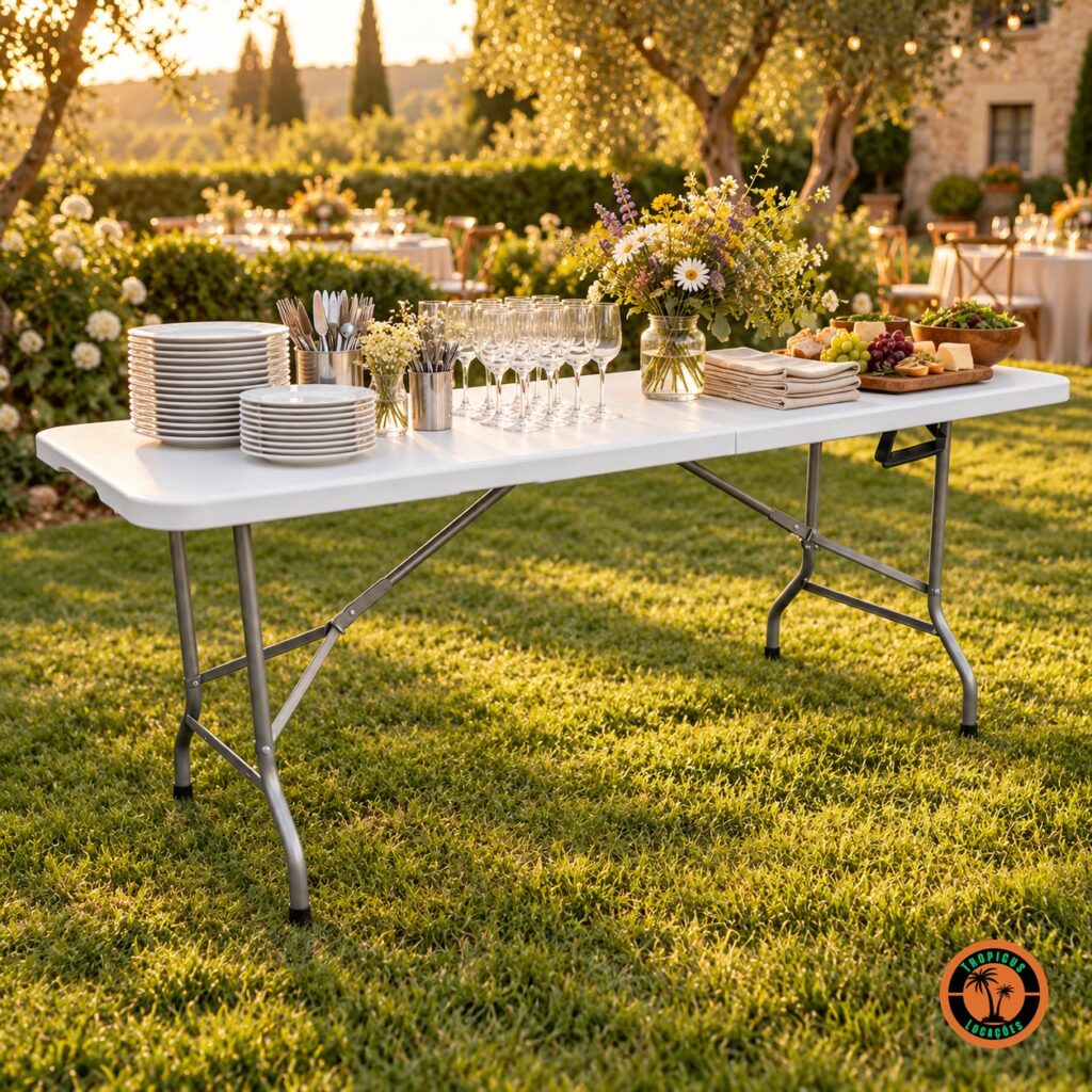 Mesa dobrável branca como apoio de buffet num jardim, com pratos, talheres, taças, frios e flores do campo