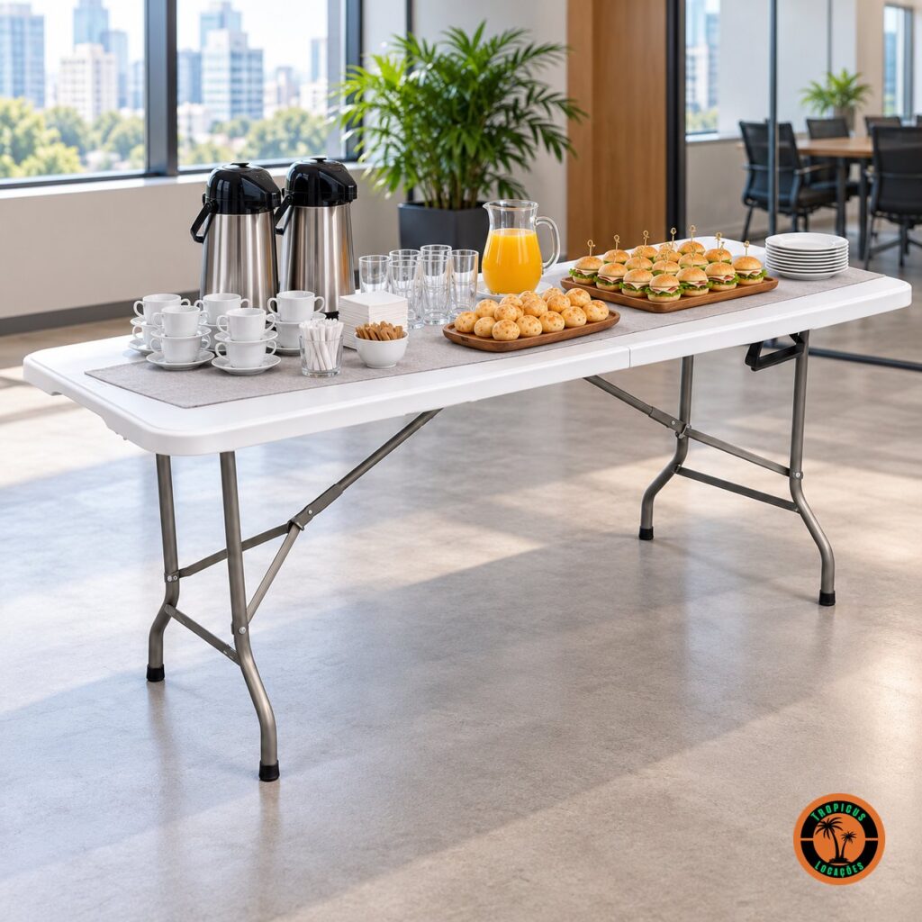 Mesa dobrável branca montada como coffee break em escritório, com garrafas térmicas, xícaras, suco e salgados