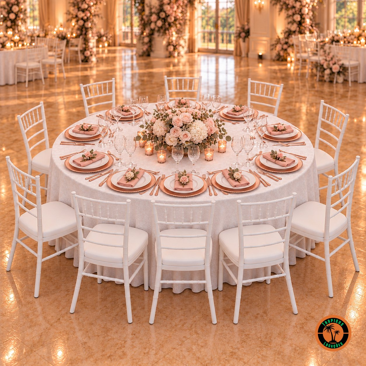 Mesa redonda para 10 pessoas com toalha branca, cadeiras Tiffany brancas, sousplats rosé, guardanapos rosa e arranjo de rosas