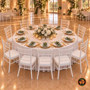 Mesa redonda para 10 pessoas com toalha branca, 10 cadeiras Tiffany brancas, sousplats dourados, guardanapos verdes e flores brancas