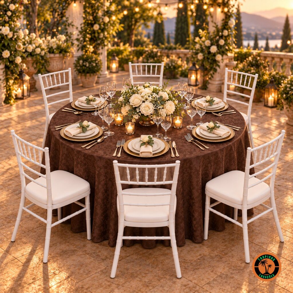 Mesa redonda para 6 pessoas num terraço ao pôr do sol, com toalha adamascada marrom, cadeiras Tiffany brancas, sousplats dourados e rosas brancas