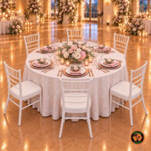 Mesa redonda para 6 pessoas com toalha branca, cadeiras Tiffany brancas, sousplats rosé, guardanapos rosa e arranjo de rosas