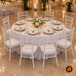 Mesa redonda para 8 pessoas com toalha adamascada branca, 8 cadeiras Tiffany brancas, sousplats dourados, taças de cristal e flores brancas