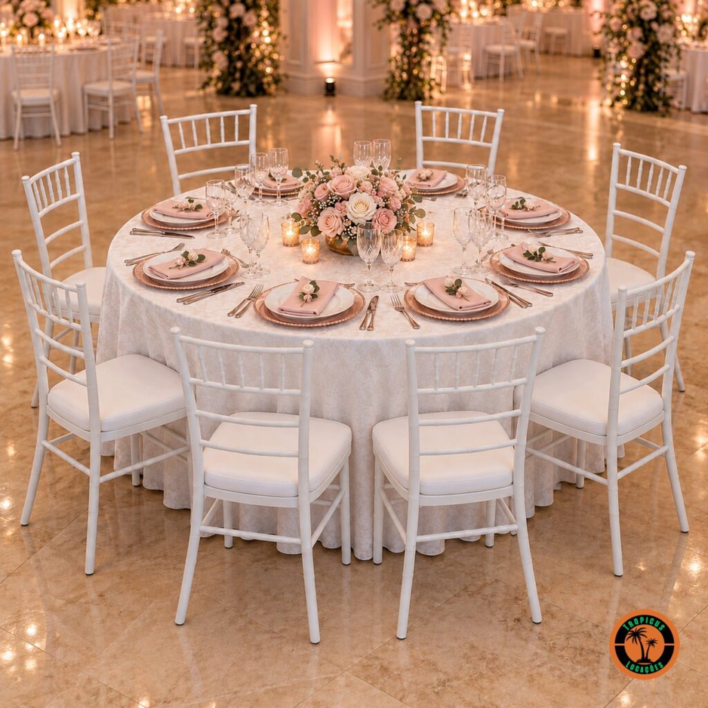 Mesa redonda para 8 pessoas com toalha branca, cadeiras Tiffany brancas, sousplats rosé, guardanapos rosa e arranjo de rosas