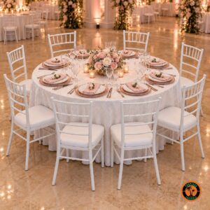 Mesa redonda para 8 pessoas com toalha branca, cadeiras Tiffany brancas, sousplats rosé, guardanapos rosa e arranjo de rosas