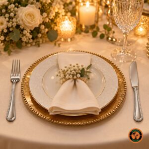 Jantar de bodas com garfo e faca de inox modelo Oitavado e sousplat dourado