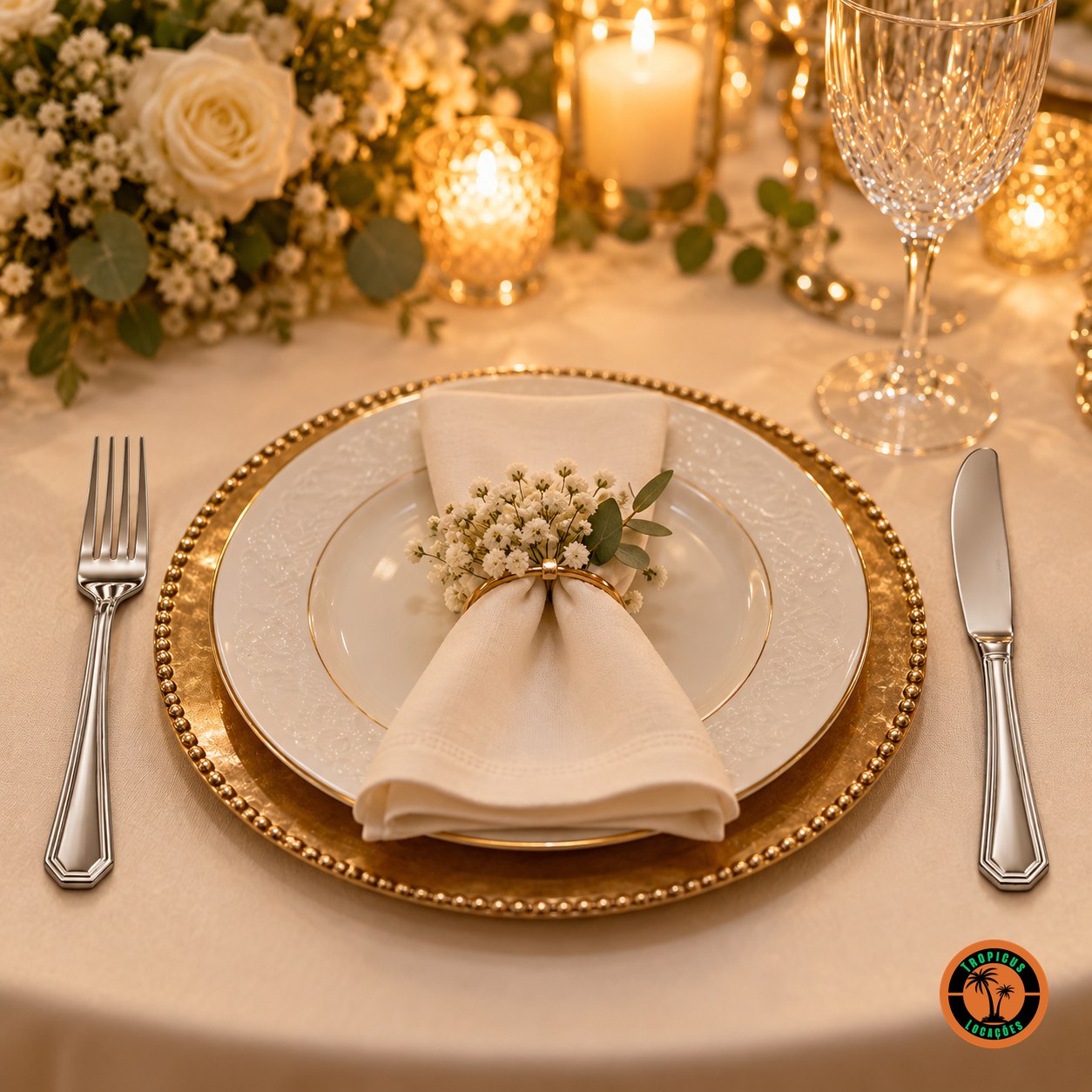 Jantar de bodas com garfo e faca de inox modelo Oitavado e sousplat dourado