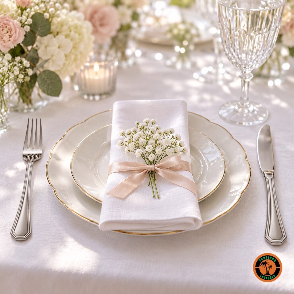 Mesa de batizado com garfo e faca de inox modelo Oitavado e flores delicadas