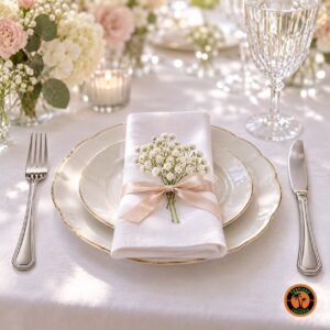 Mesa de batizado com garfo e faca de inox modelo Oitavado e flores delicadas