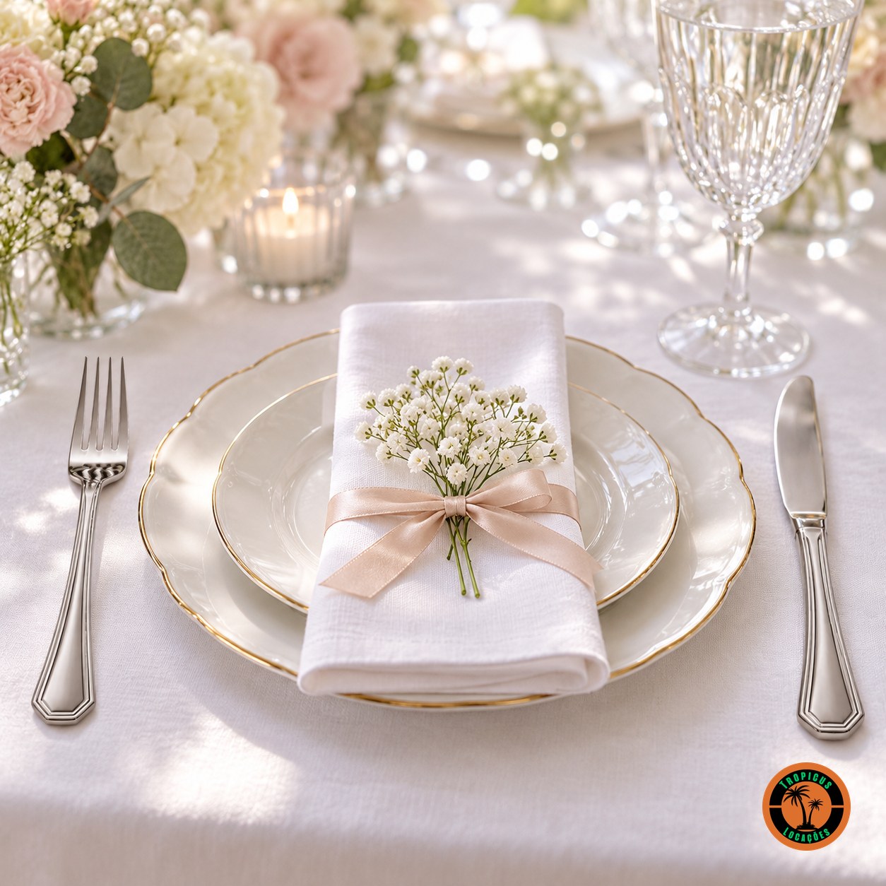 Mesa de batizado com garfo e faca de inox modelo Oitavado e flores delicadas