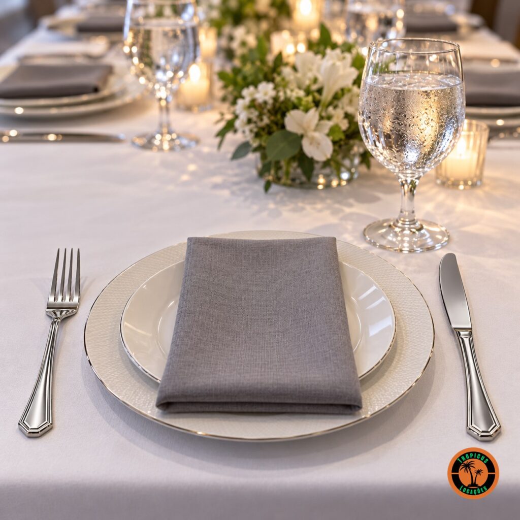Mesa de evento corporativo com garfo e faca de inox modelo Oitavado
