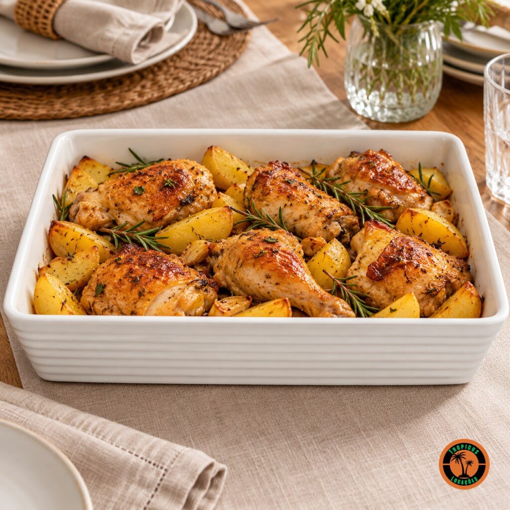 Frango assado com batatas no refratário retangular de louça branca