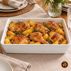 Frango assado com batatas no refratário retangular de louça branca