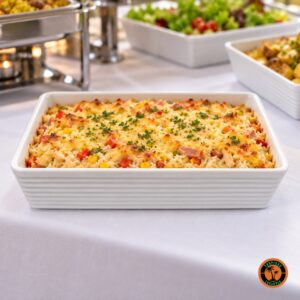 Arroz de forno no refratário retangular de louça branca em mesa de buffet