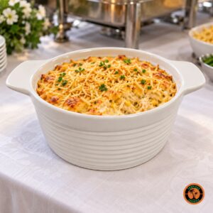 Fricassê gratinado no refratário redondo de louça branca em mesa de buffet
