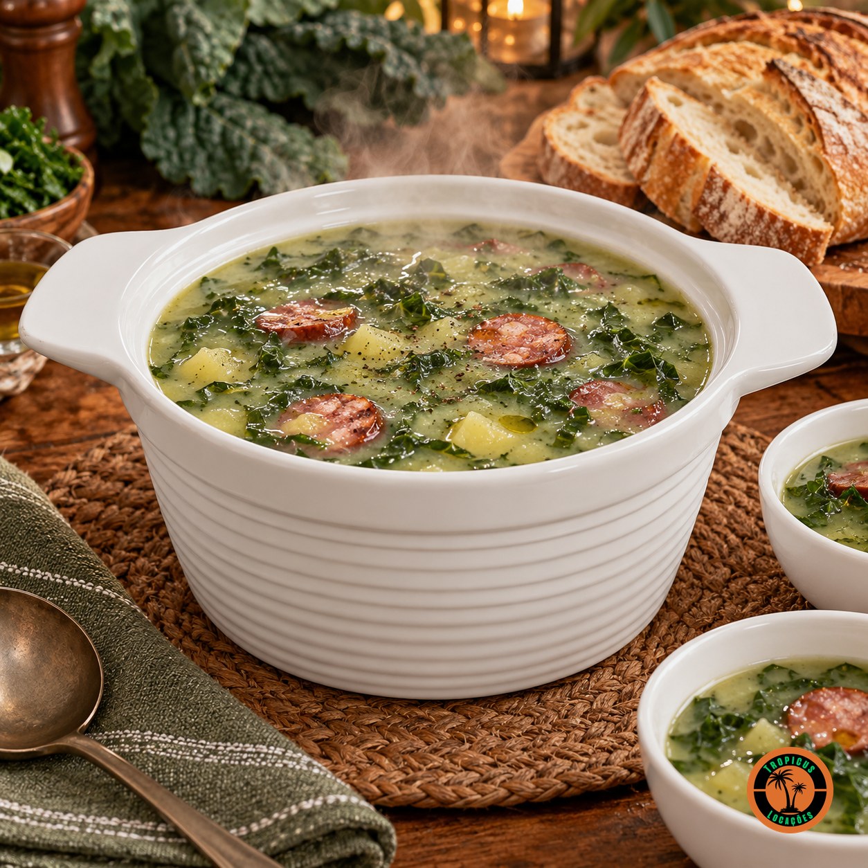 Caldo verde no refratário redondo de louça branca com alças
