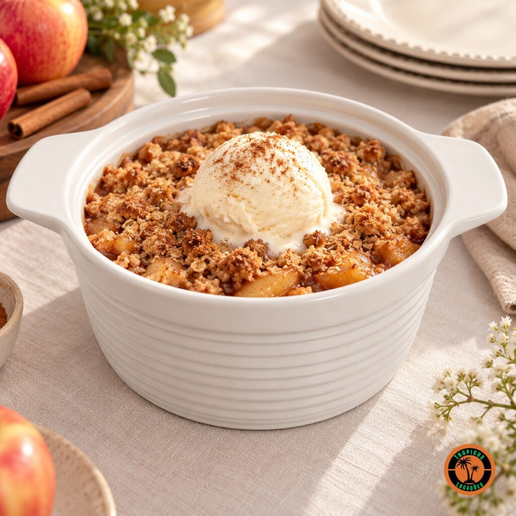 Crumble de maçã com sorvete no refratário redondo de louça branca