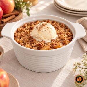 Crumble de maçã com sorvete no refratário redondo de louça branca