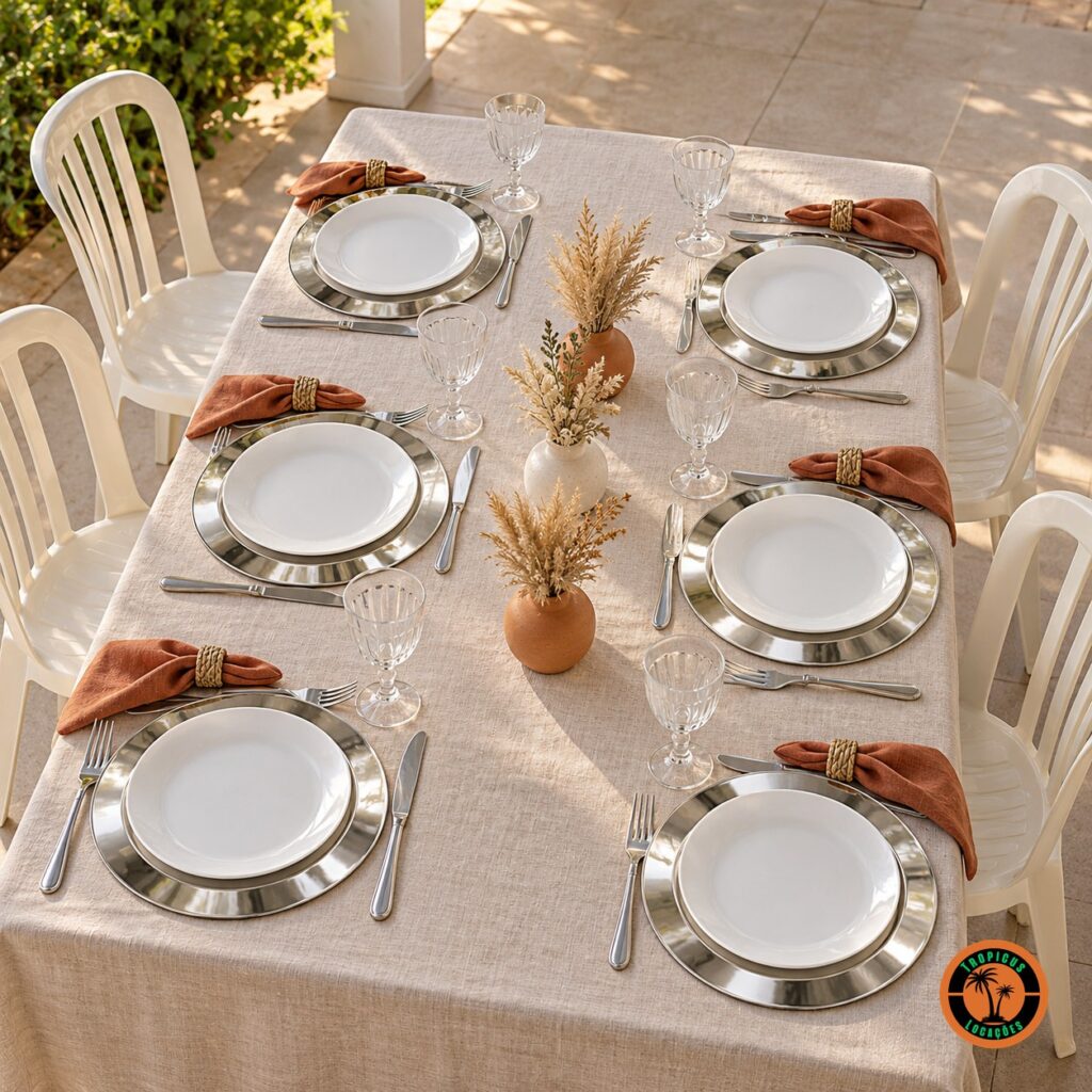 Mesa com sousplats de alumínio, guardanapos terracota e cadeiras plásticas brancas