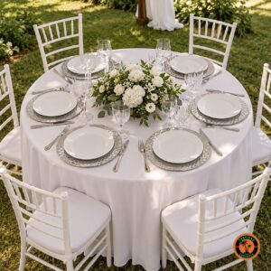 Mesa redonda de casamento com sousplats escamados prata e cadeiras Tiffany brancas