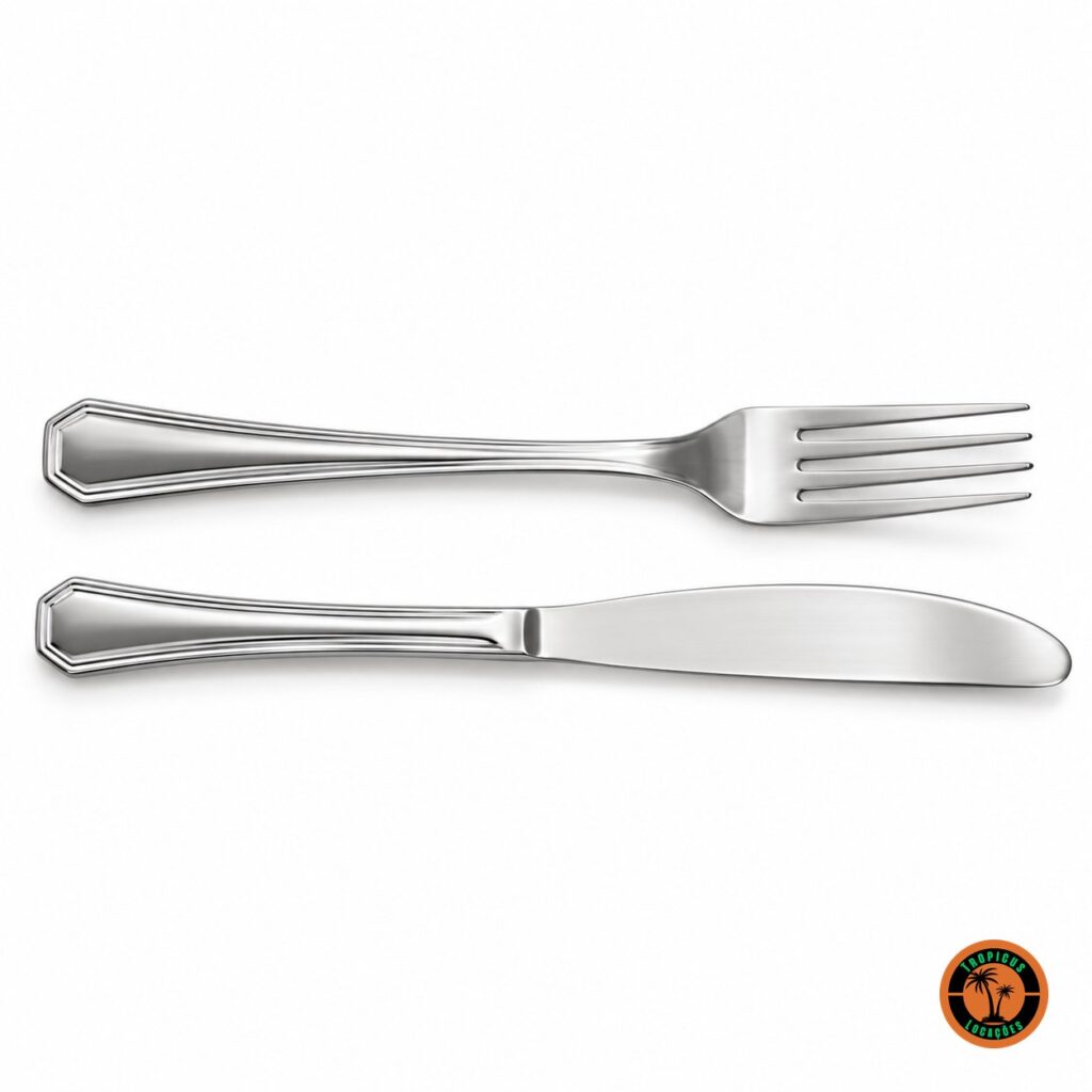 Garfo e faca de inox polido modelo Oitavado, com a ponta do cabo oitavada e friso duplo
