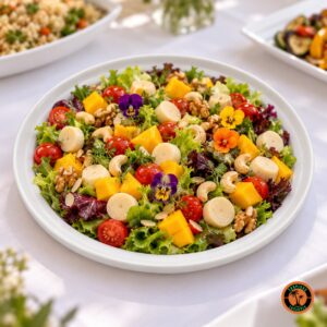Salada colorida na travessa redonda de louça branca com aba larga