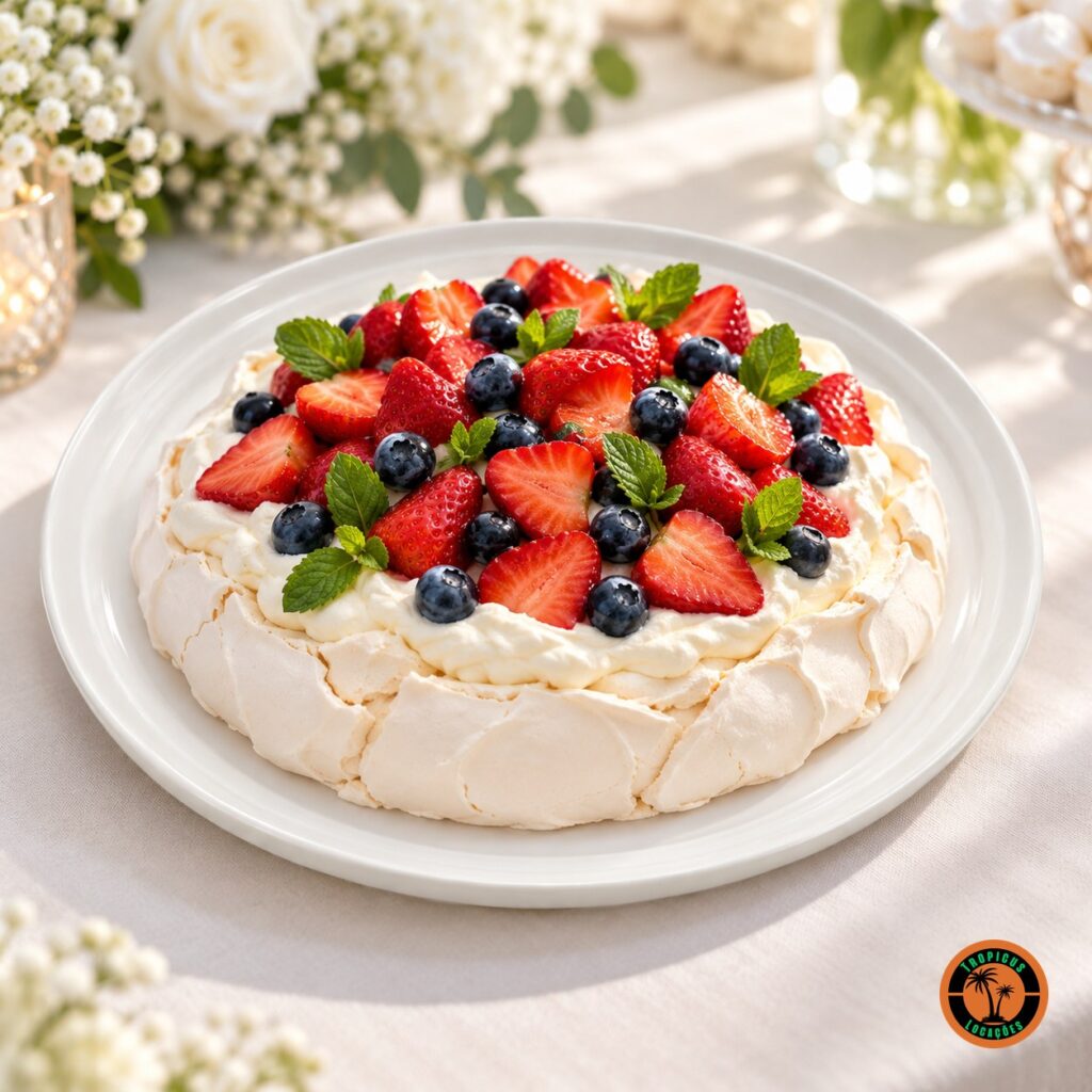 Pavlova de frutas vermelhas na travessa redonda de louça branca com aba